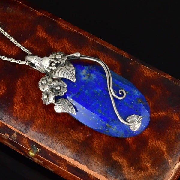 Arts & Crafts Sterling Silver Lapis Lazuli Forget Me Not Necklace