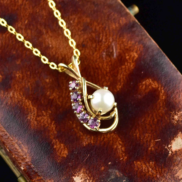 Vintage 14K Gold Amethyst Pearl Pendant Necklace - Boylerpf