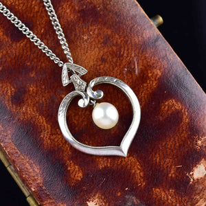 Vintage Silver Mikimoto Pearl Open Heart Pendant Necklace - Boylerpf