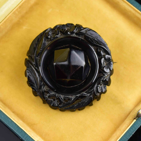 Victorian Forget Me Not Carved Whitby Jet Brooch - Boylerpf