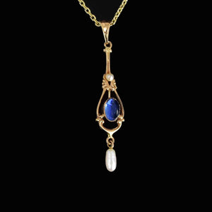 18K Gold Art Nouveau Blue Sapphire Pearl Lavaliere Necklace - Boylerpf