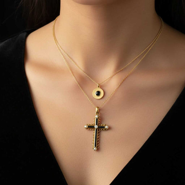 Antique 18K Gold Diamond Pearl Enamel Cross Pendant Necklace - Boylerpf