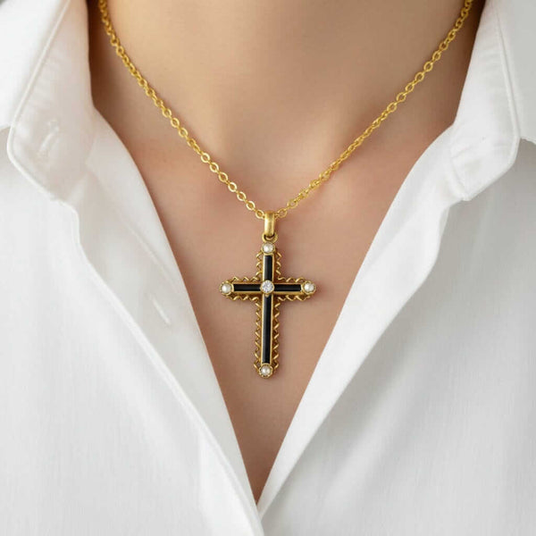 Antique 18K Gold Diamond Pearl Enamel Cross Pendant Necklace - Boylerpf