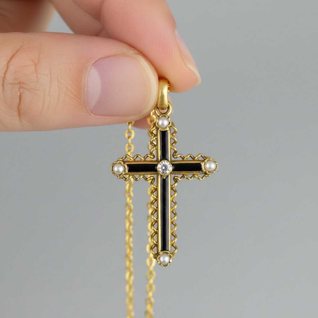 Antique 18K Gold Diamond Pearl Enamel Cross Pendant Necklace