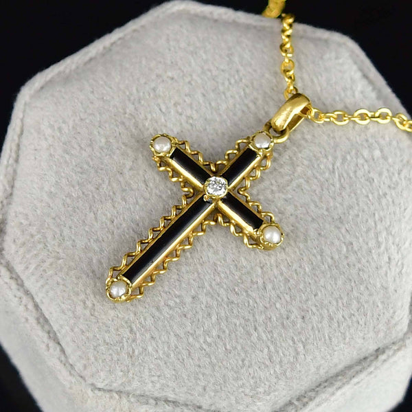 Antique 18K Gold Diamond Pearl Enamel Cross Pendant Necklace - Boylerpf