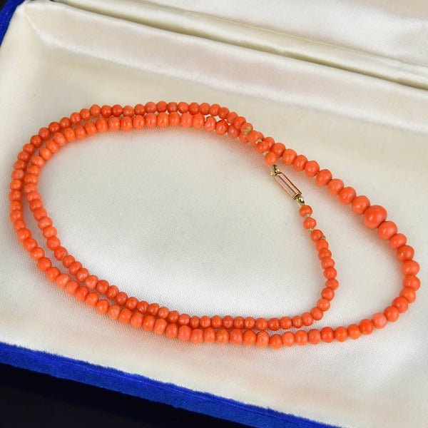 Antique Salmon Coral Bead Necklace 9K Gold Clasp