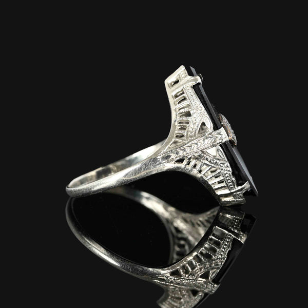 Art Deco Diamond Onyx Ring in 14K White Gold - Boylerpf