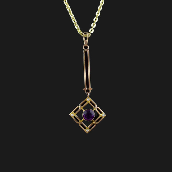 Art Nouveau 10K Gold Pearl Amethyst Lavaliere Pendant Necklace - Boylerpf