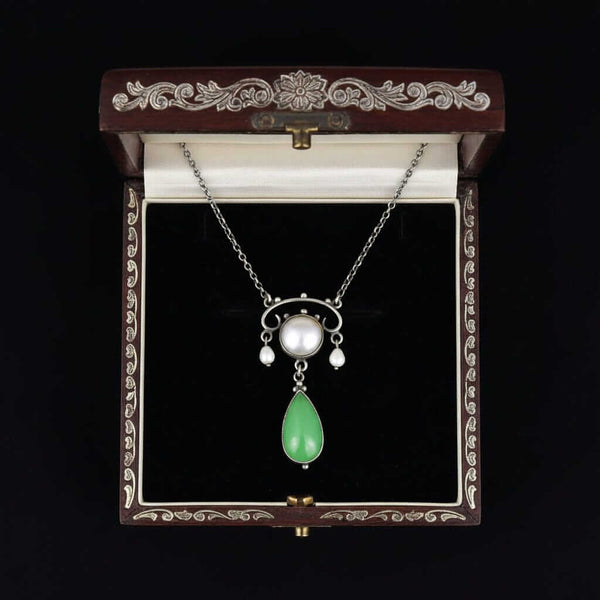 Antique Arts & Crafts Chrysoprase Pearl Drop Pendant Necklace - Boylerpf