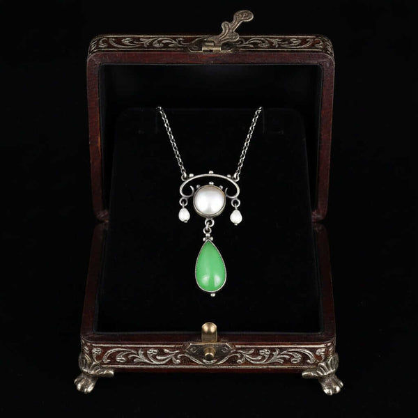 Antique Arts & Crafts Chrysoprase Pearl Drop Pendant Necklace - Boylerpf