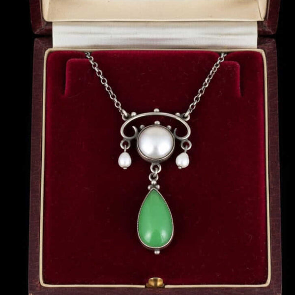 Antique Arts & Crafts Chrysoprase Pearl Drop Pendant Necklace - Boylerpf