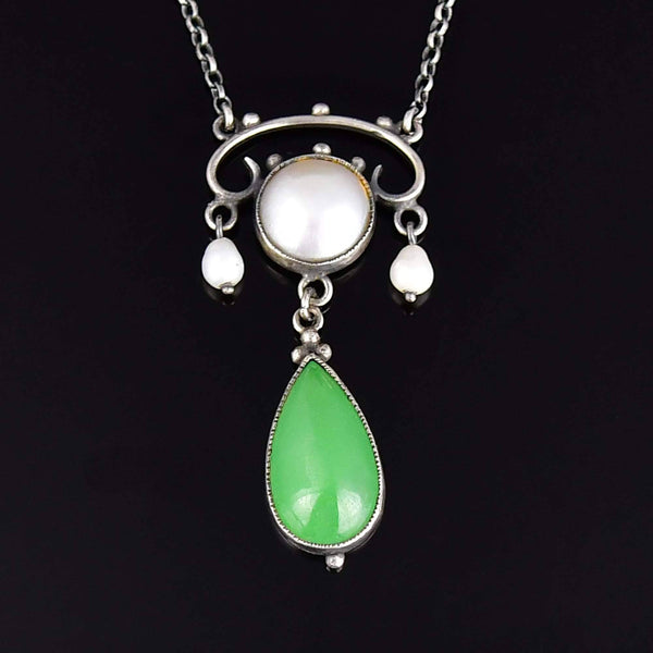 Antique Arts & Crafts Chrysoprase Pearl Drop Pendant Necklace - Boylerpf