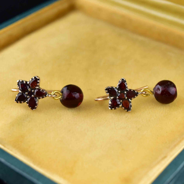Victorian Rolled Gold Garnet Flower Drop Earrings - Boylerpf