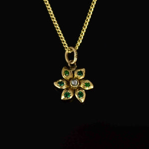 Antique 14K Gold Diamond Emerald Flower Charm Pendant Necklace - Boylerpf