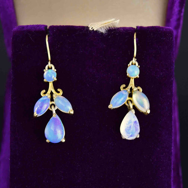 Vintage Art Deco Style Ethiopian Jelly Opal Leaf Drop Earrings - Boylerpf