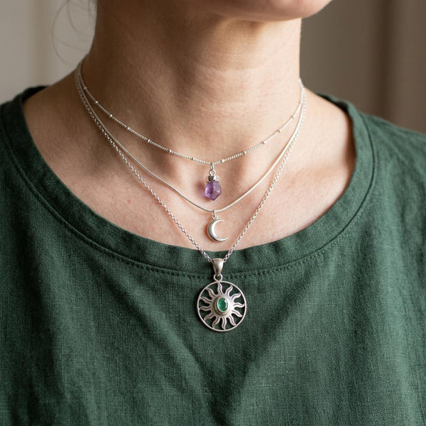 Vintage Emerald Sterling Silver Sun Pendant Necklace