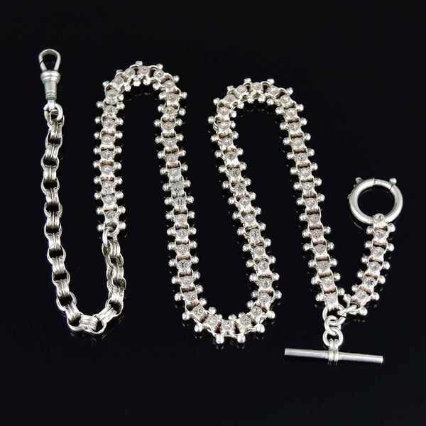 Antique Victorian Sterling Silver Star Engraved Watch Chain Necklace
