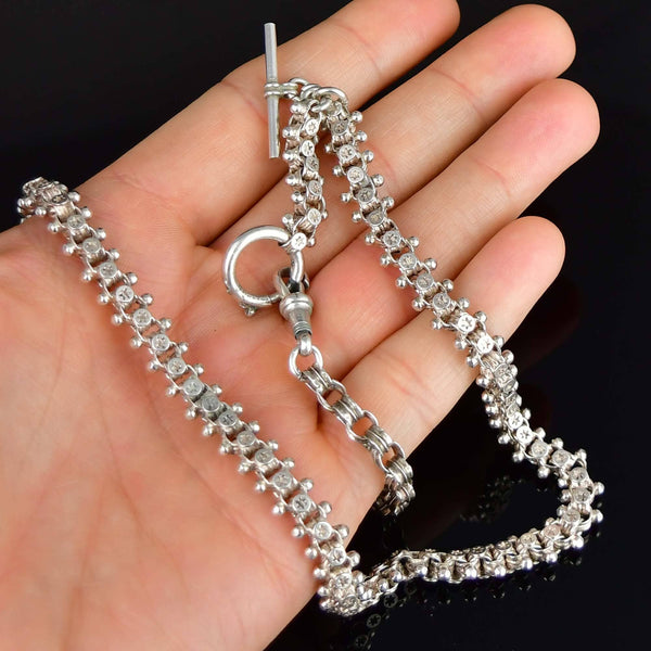Antique Victorian Sterling Silver Star Engraved Watch Chain Necklace