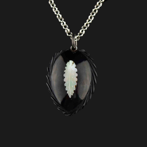 Victorian Mother of Pearl Feather Whitby Jet Pendant Necklace - Boylerpf