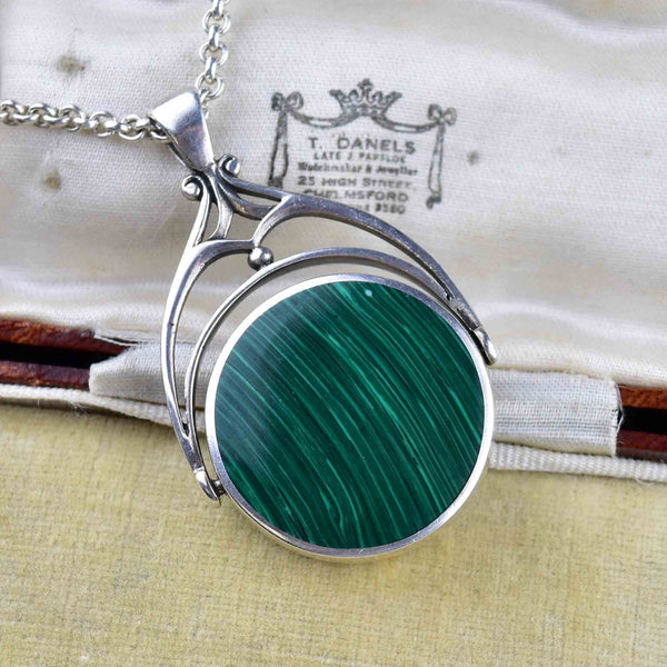 Vintage Large Silver Malachite Onyx Spinner Fob Charm Necklace - Boylerpf