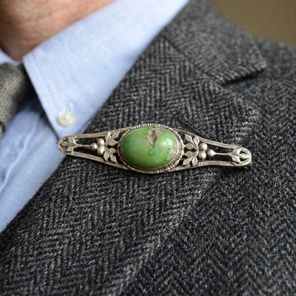 Antique Arts & Crafts Sterling Silver Natural Turquoise Brooch