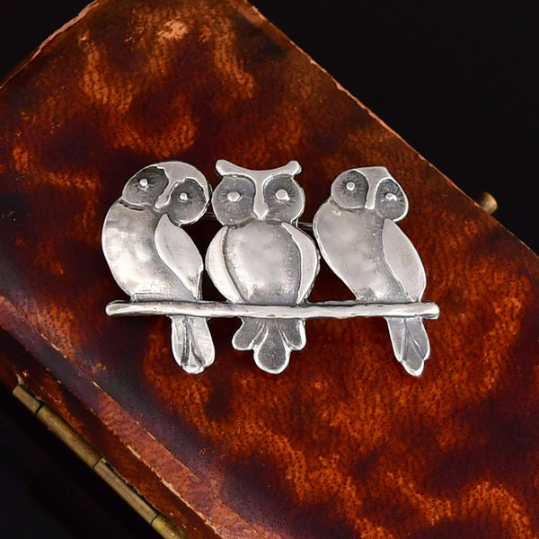 Vintage Three Wise Owls Sterling Silver Brooch