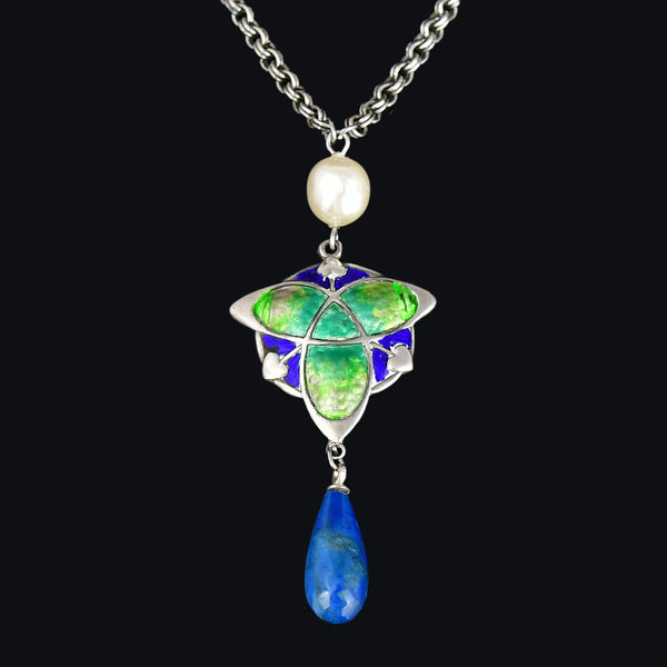 Art Nouveau Silver Enamel Pearl Lapis Lazuli Necklace