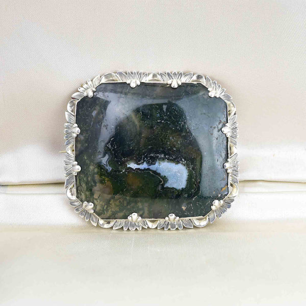 Antique Large Silver Picture Moss Agate Brooch - Boylerpf