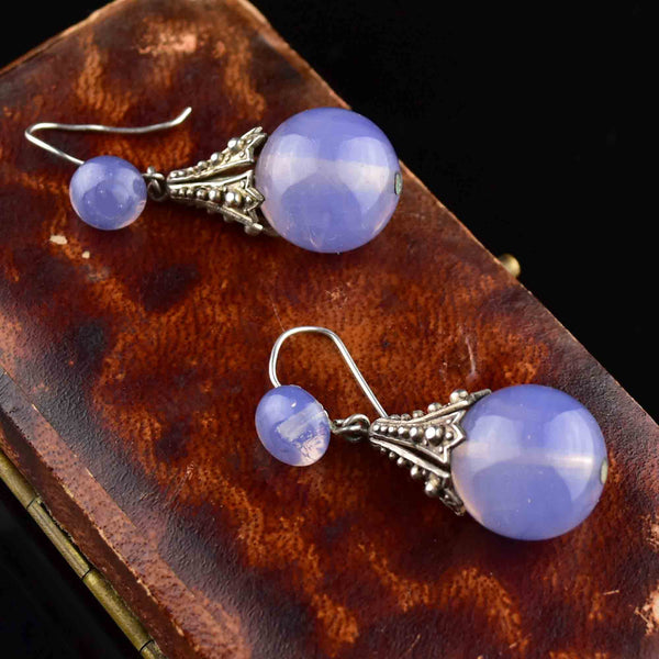 Art Deco Silver Blue Chalcedony Drop Earrings - Boylerpf