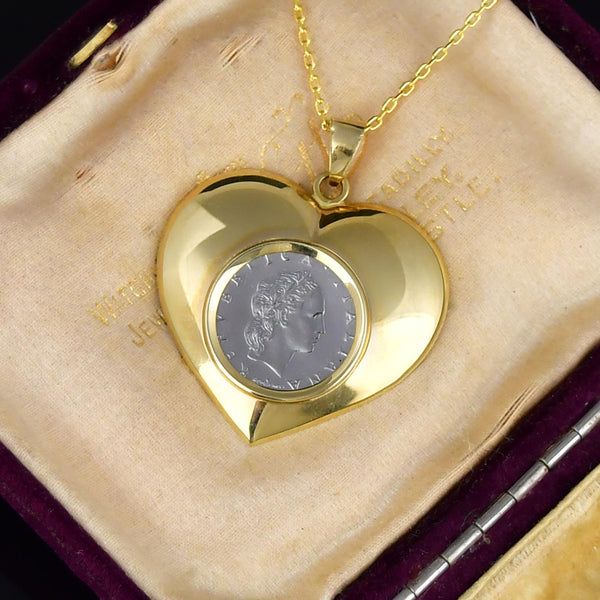 Vintage Lire Coin 14K Gold Heart Pendant Necklace