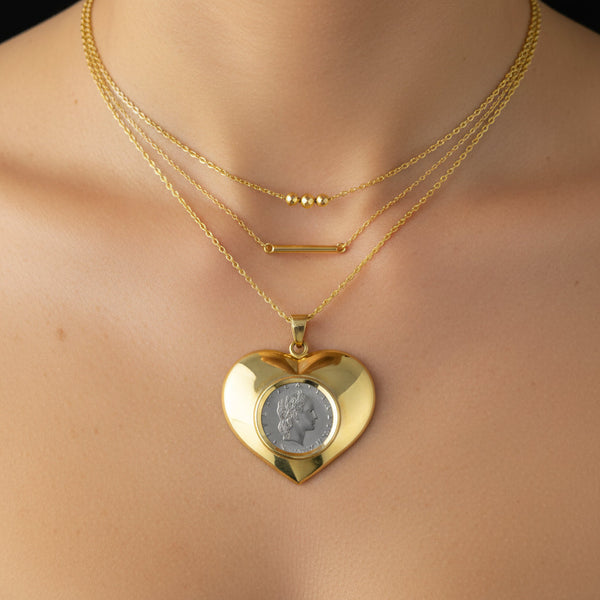 Vintage Lire Coin 14K Gold Heart Pendant Necklace
