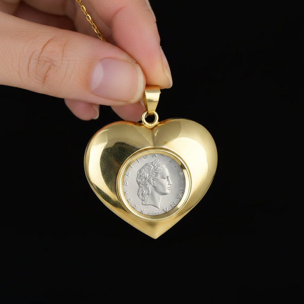 Vintage Lire Coin 14K Gold Heart Pendant Necklace