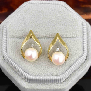 Vintage Diamond Pearl Stud Earrings in 14K Gold - Boylerpf