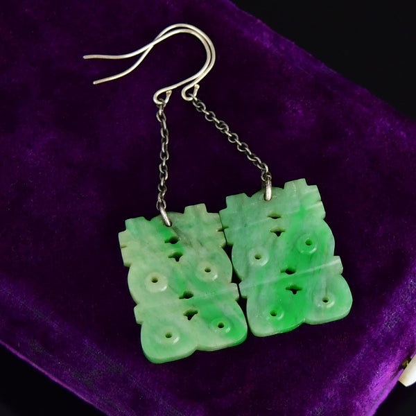 Vintage Carved Jade Zodiac Silver Chain Drop Earrings - Boylerpf