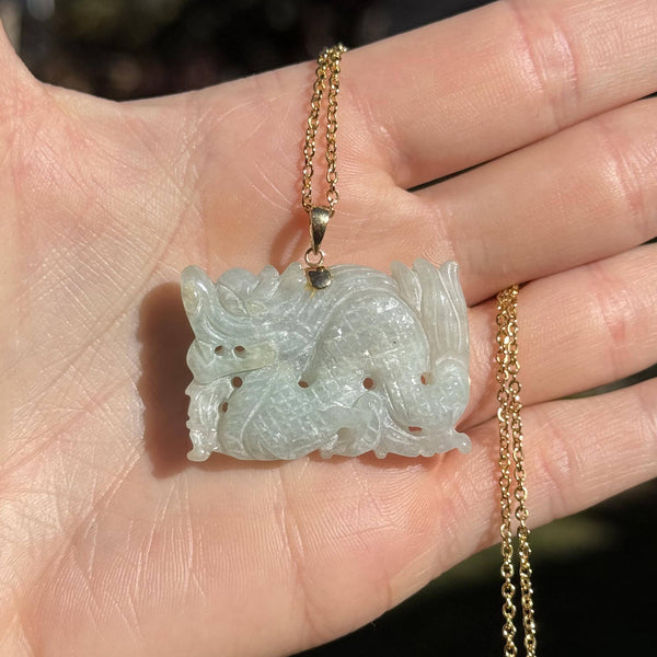 14K Gold Large Carved Jadeite Dragon Pendant Necklace