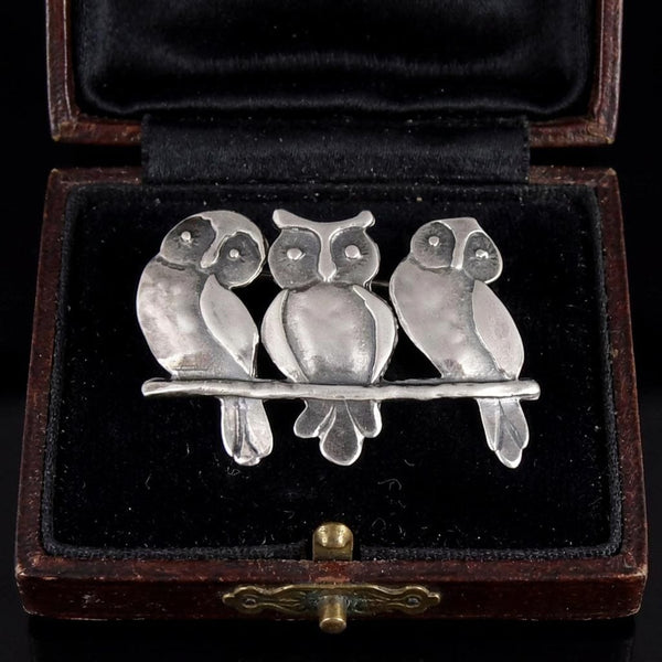 Vintage Three Wise Owls Sterling Silver Brooch
