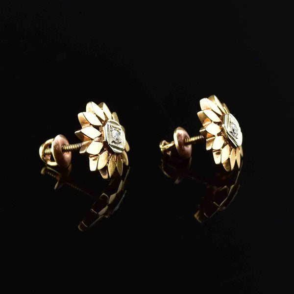 Antique 14K Gold Diamond Flower Stud Earrings - Boylerpf
