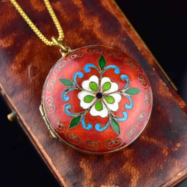 Antique Floral Enamel Keepsake Locket Necklace - Boylerpf