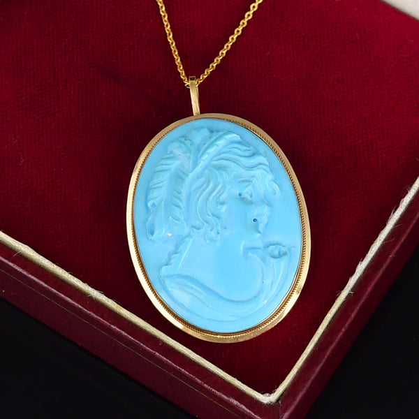 Vintage 14K Gold Blue Howlite Cameo Brooch Pendant