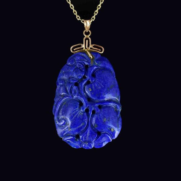 Vintage 14K Gold Carved Lapis Lazuli Flower Pendant Necklace - Boylerpf