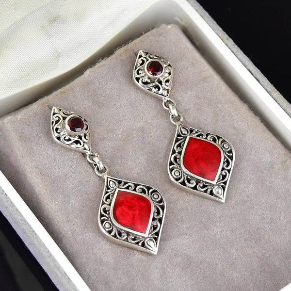 Vintage Sterling Silver Jasper Garnet Drop Earrings