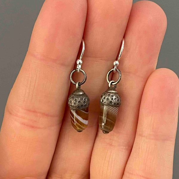 Silver Banded Agate Acorn Drop Earrings - Boylerpf