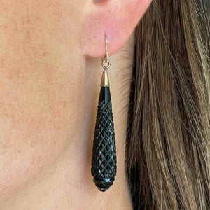 Antique Victorian Gold Carved Whitby Jet Earrings - Boylerpf