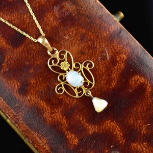 Antique 10K Gold Opal Seed Pearl Lavaliere Necklace - Boylerpf