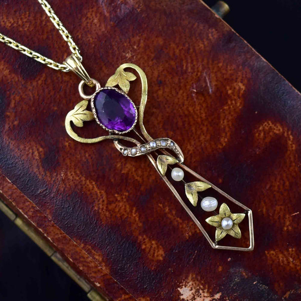 Antique Art Nouveau Gold Amethyst Pearl Cross Lavaliere Necklace - Boylerpf