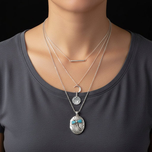 Vintage Sterling Silver Enamel Dragonfly Locket Necklace