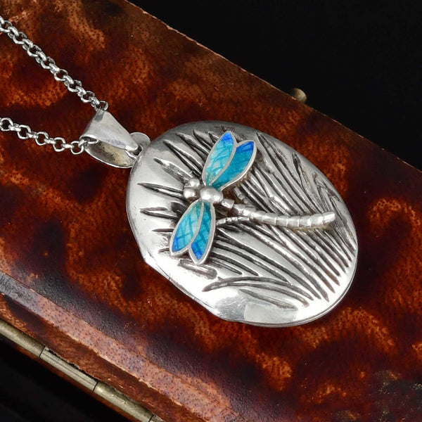 Vintage Sterling Silver Enamel Dragonfly Locket Necklace