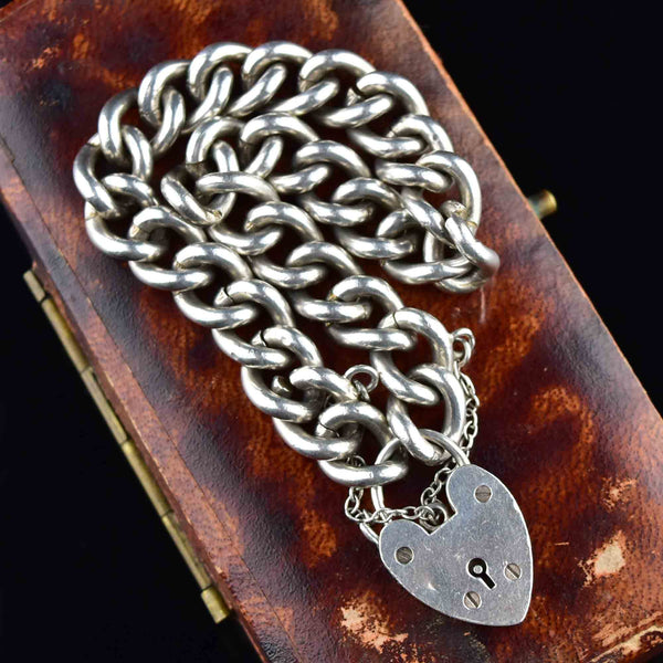 Antique Silver Heart Padlock Curb Chain Bracelet - Boylerpf