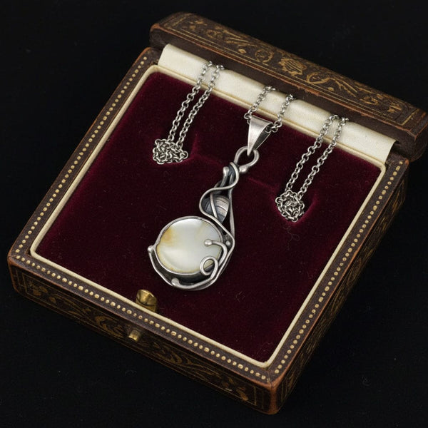 Arts & Crafts Sterling Silver Leaf Mother of Pearl Necklace