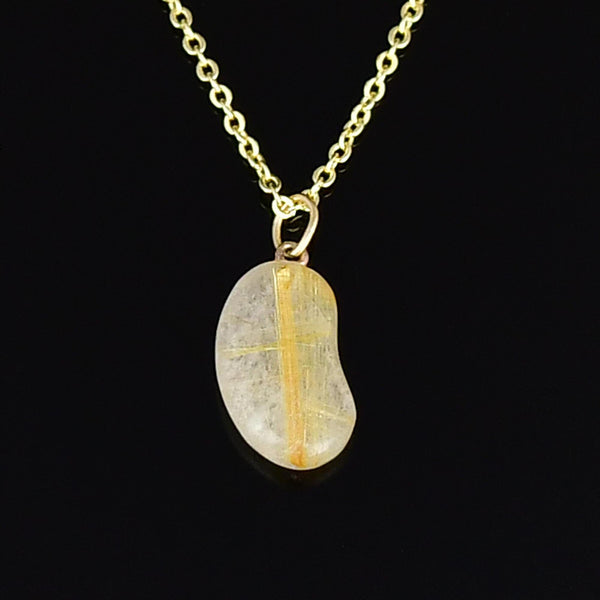 Vintage Rutilated Quartz 9K Gold Lucky Bean Necklace
